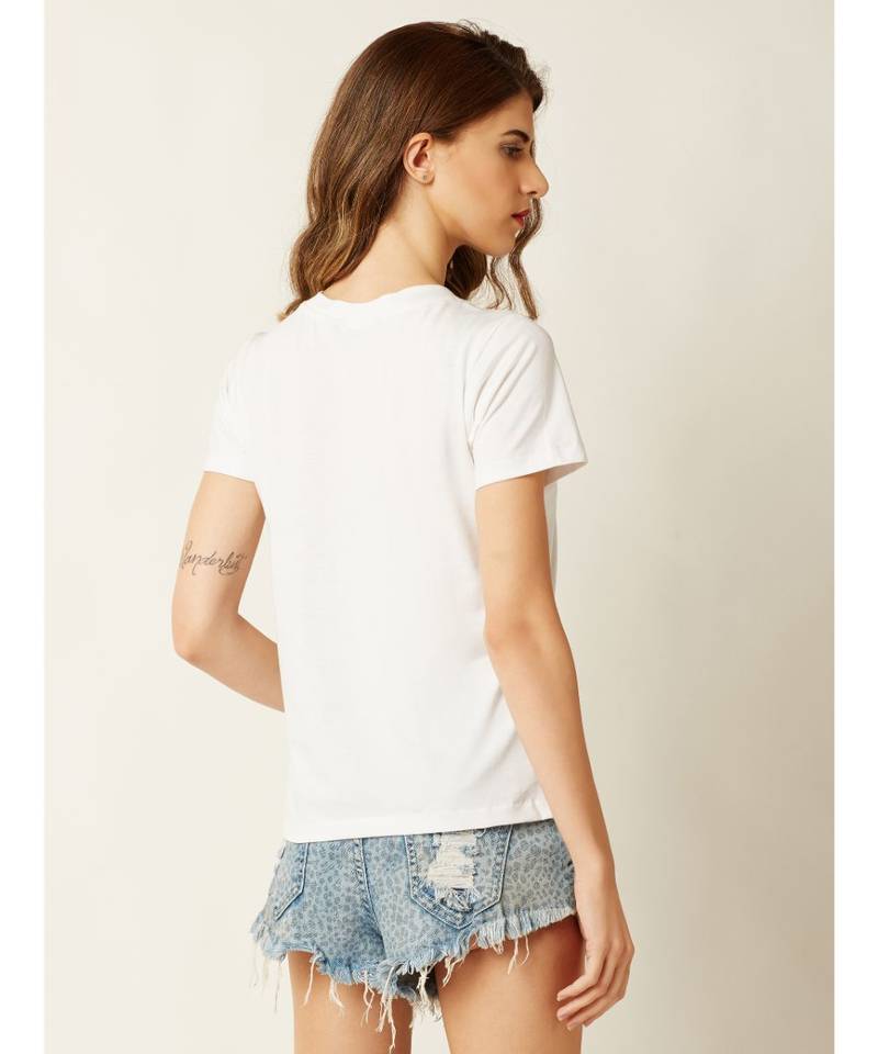 Women's White Cotton Round Neck short_sleeve Graphic Print T-Shirt