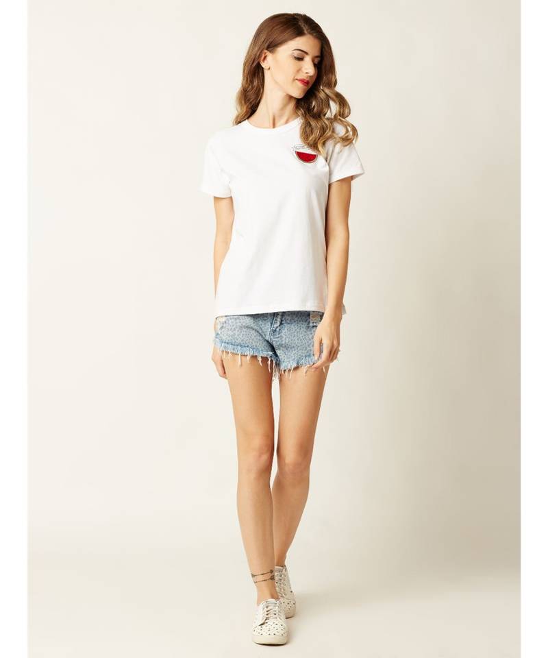 Women's White Round Neck short_sleeve Graphic Print Cotton T-Shirt