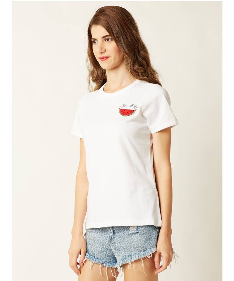 Women's White Round Neck short_sleeve Graphic Print Cotton T-Shirt