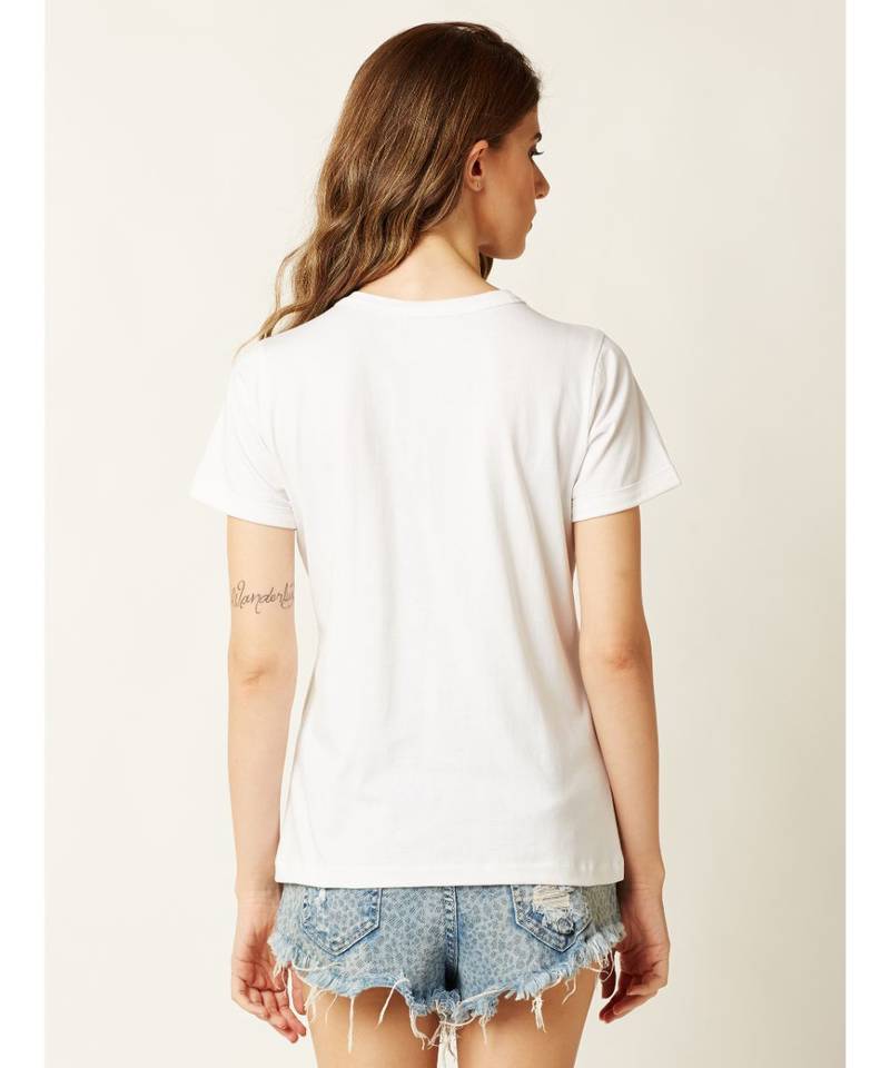 Women's White Round Neck short_sleeve Graphic Print Cotton T-Shirt