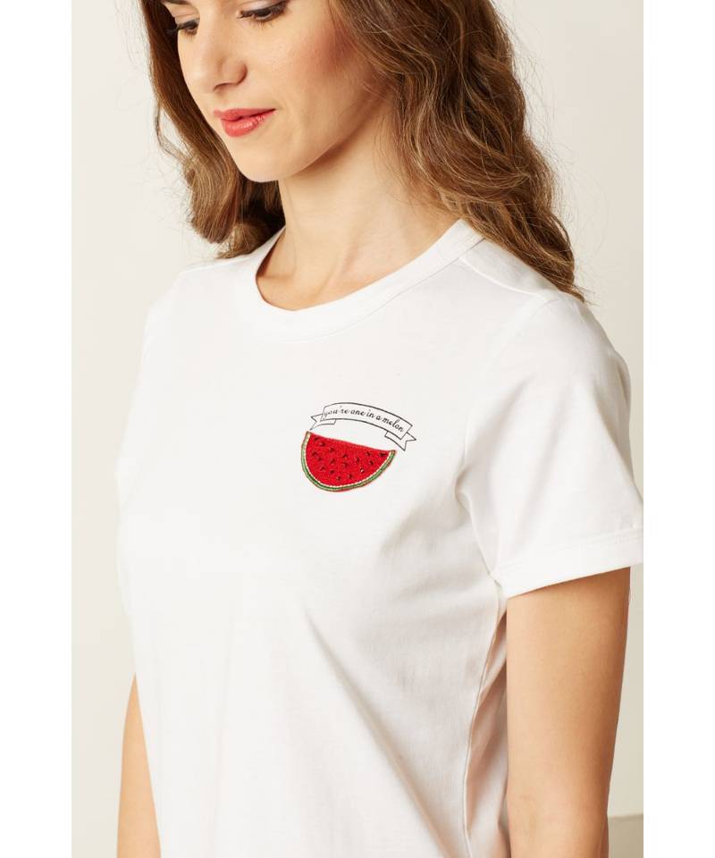 Women's White Round Neck short_sleeve Graphic Print Cotton T-Shirt