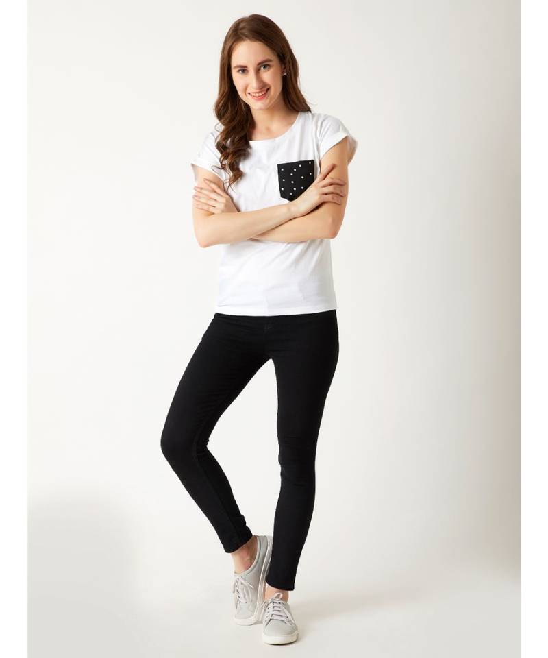 Women's White Round Neck short_sleeve Cotton Solid Polka Dot Patch Pocket T-Shirt