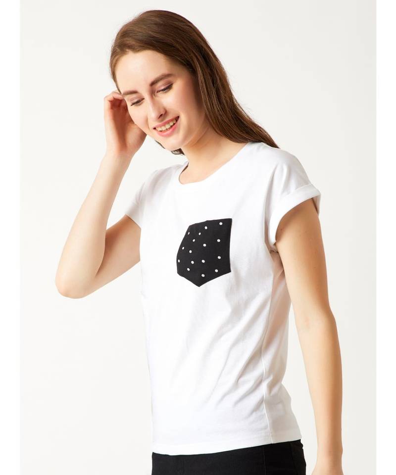Women's White Round Neck short_sleeve Cotton Solid Polka Dot Patch Pocket T-Shirt