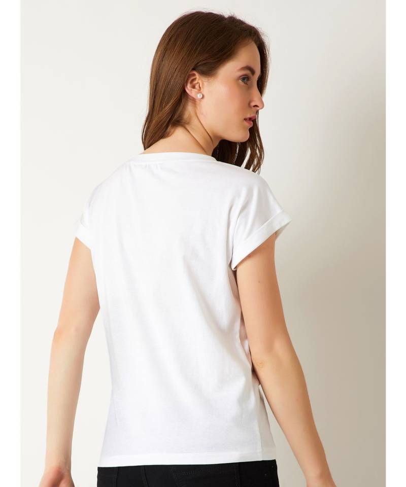 Women's White Round Neck short_sleeve Cotton Solid Polka Dot Patch Pocket T-Shirt