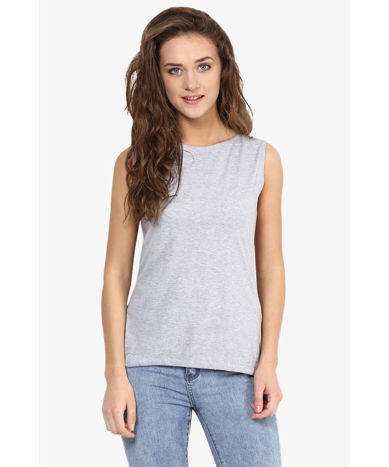 Women's Grey and Black Round Neck sleeveless Solid Basic Top