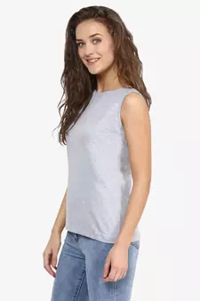 Women's Grey and Black Round Neck sleeveless Solid Basic Top