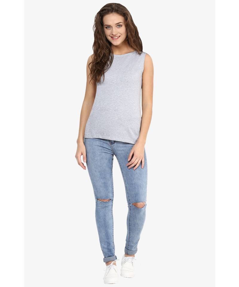 Women's Grey and Black Round Neck sleeveless Solid Basic Top