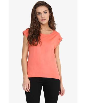 Women's Coral Round Neck Cap Sleeves Solid Basic Top 1