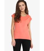 Women's Coral Round Neck Cap Sleeves Solid Basic Top