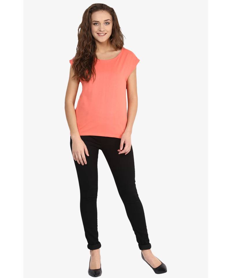 Women's Coral Round Neck Cap Sleeves Solid Basic Top