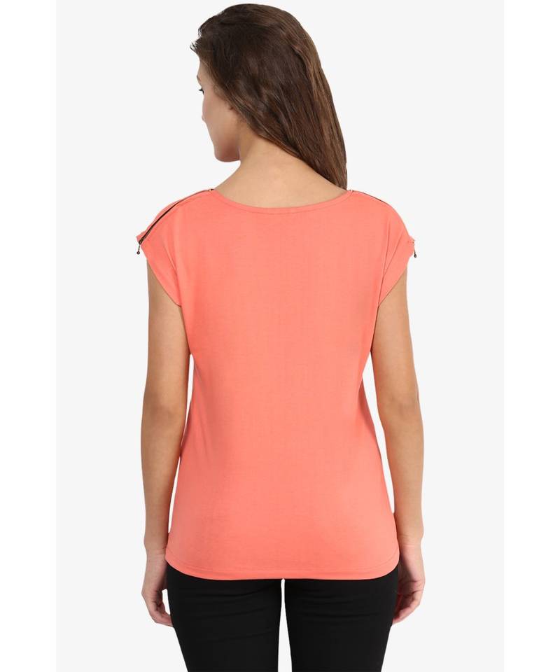 Women's Coral Round Neck Cap Sleeves Solid Basic Top