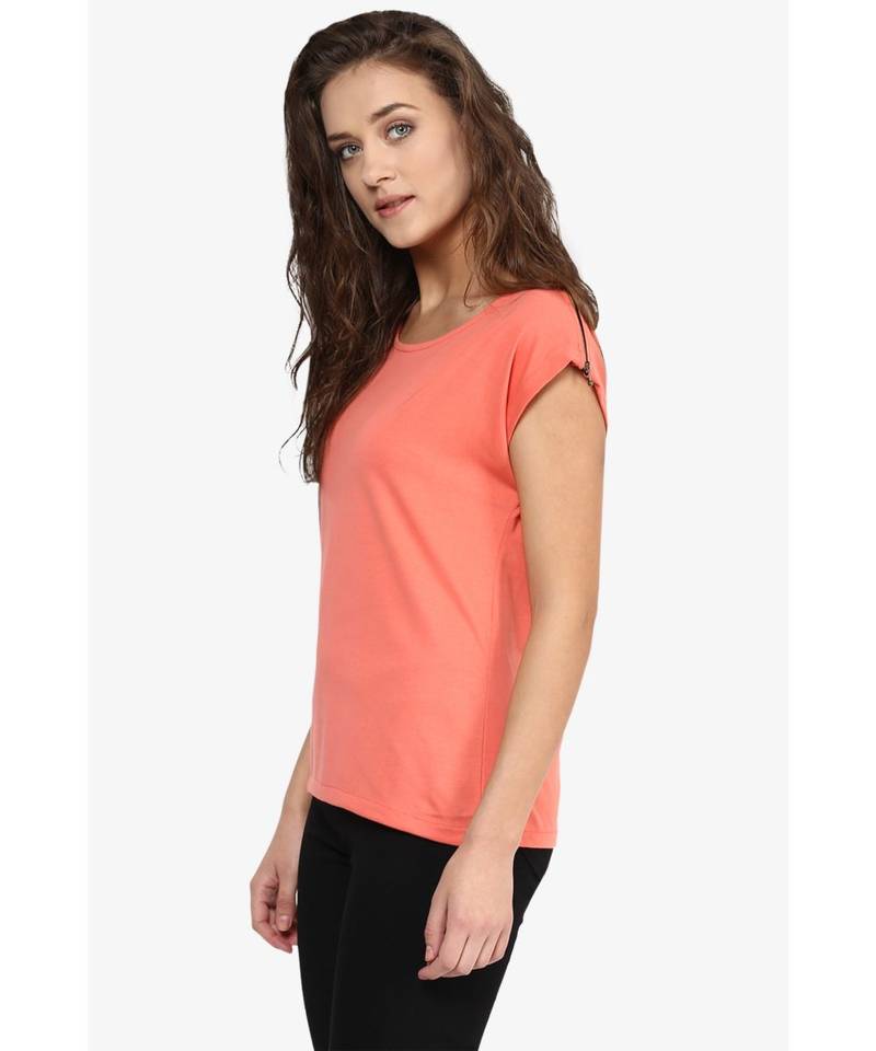 Women's Coral Round Neck Cap Sleeves Solid Basic Top