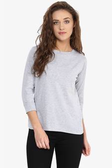 Women's Grey & Blue Three quarter Sleeve Round Neck Solid Top