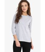 Women's Grey & Blue Three quarter Sleeve Round Neck Solid Top