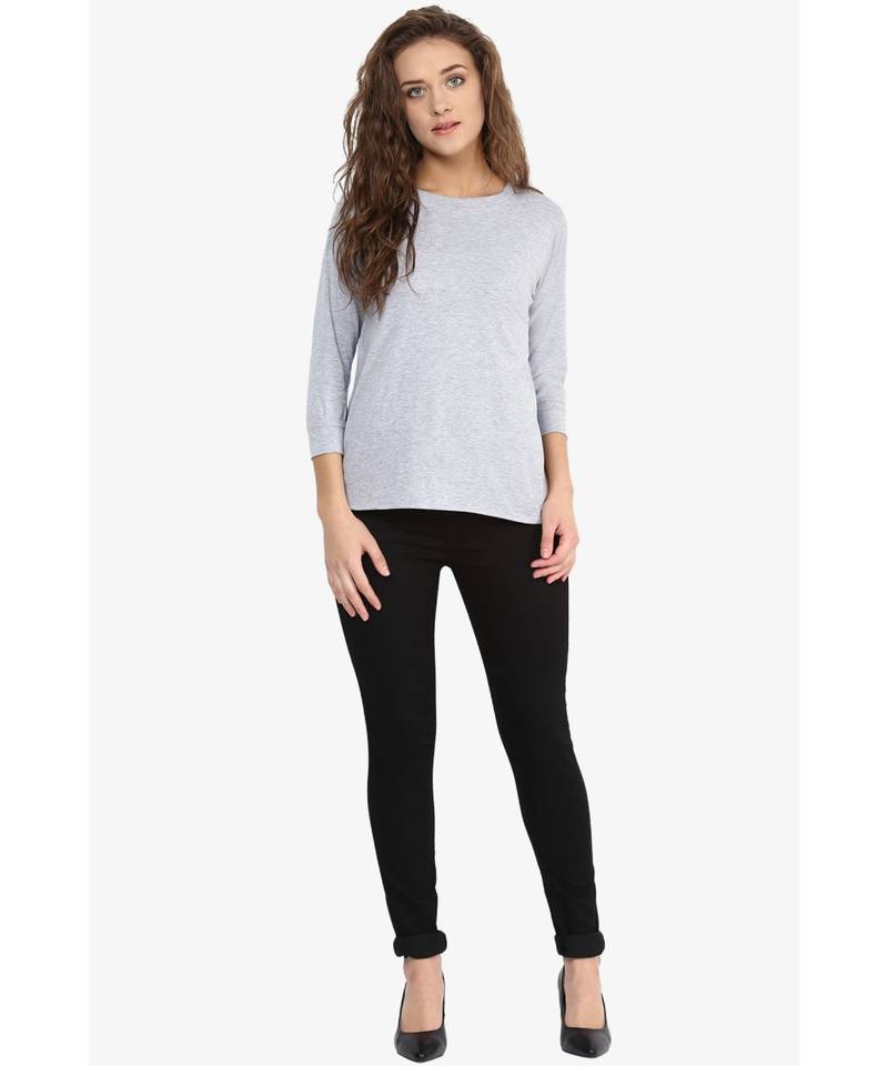Women's Grey & Blue Three quarter Sleeve Round Neck Solid Top