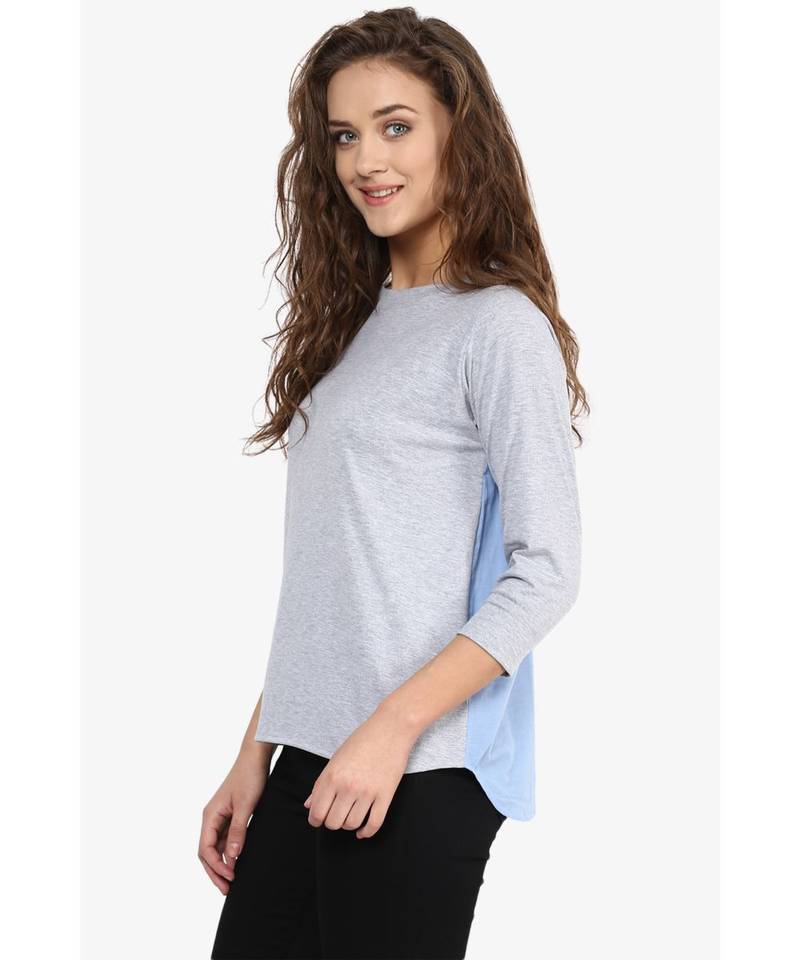 Women's Grey & Blue Three quarter Sleeve Round Neck Solid Top