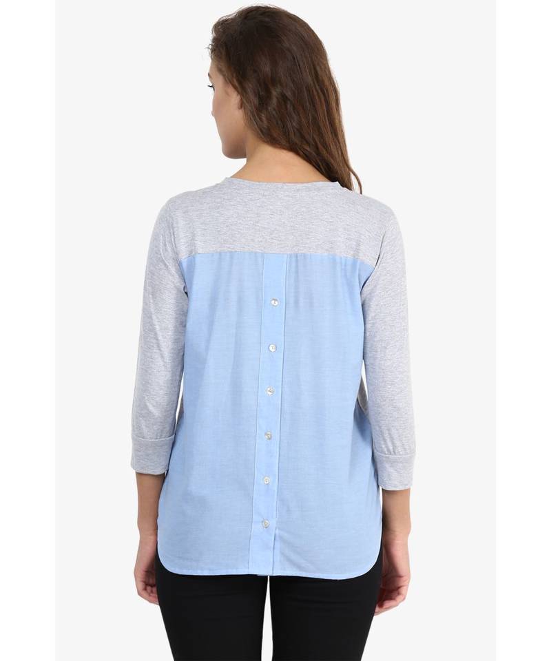 Women's Grey & Blue Three quarter Sleeve Round Neck Solid Top