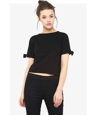Women's Black Round Neck half_sleeves Solid Basic Crop Top 1