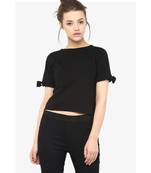 Women's Black Round Neck half_sleeves Solid Basic Crop Top