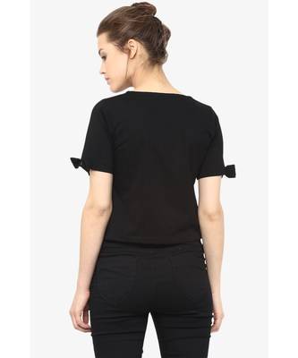 Women's Black Round Neck half_sleeves Solid Basic Crop Top 2