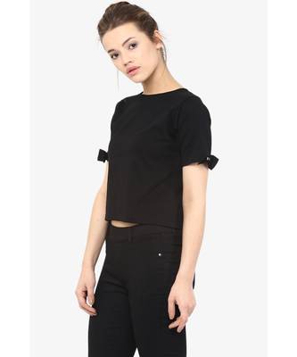 Women's Black Round Neck half_sleeves Solid Basic Crop Top 3