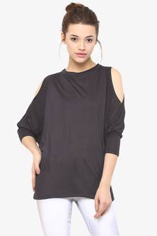 Women's Grey Round Neck quarter_sleeves Solid Shoulder Cut-Out Top