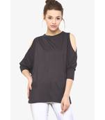 Women's Grey Round Neck quarter_sleeves Solid Shoulder Cut-Out Top