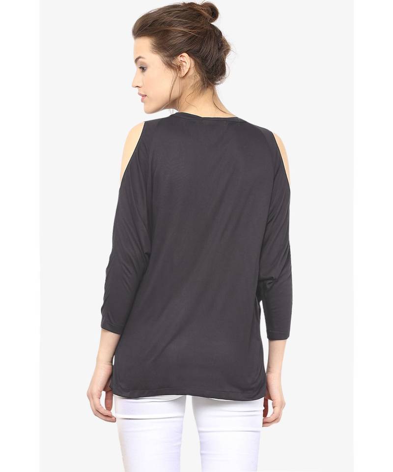 Women's Grey Round Neck quarter_sleeves Solid Shoulder Cut-Out Top