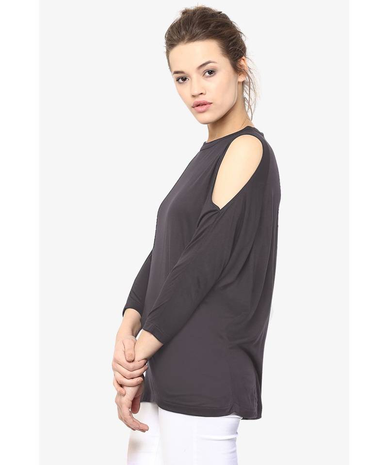 Women's Grey Round Neck quarter_sleeves Solid Shoulder Cut-Out Top