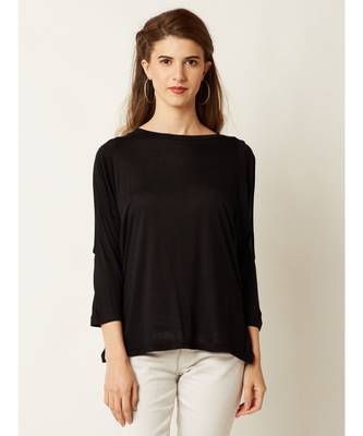Women's Black Round Neck quarter_sleeve Solid Cut Out Top 1