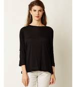 Women's Black Round Neck quarter_sleeve Solid Cut Out Top