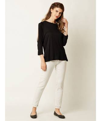Women's Black Round Neck quarter_sleeve Solid Cut Out Top 2