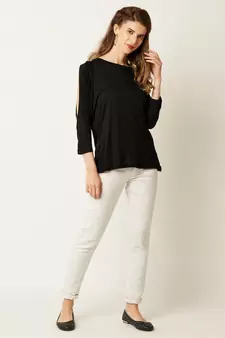 Women's Black Round Neck quarter_sleeve Solid Cut Out Top