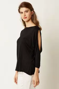 Women's Black Round Neck quarter_sleeve Solid Cut Out Top