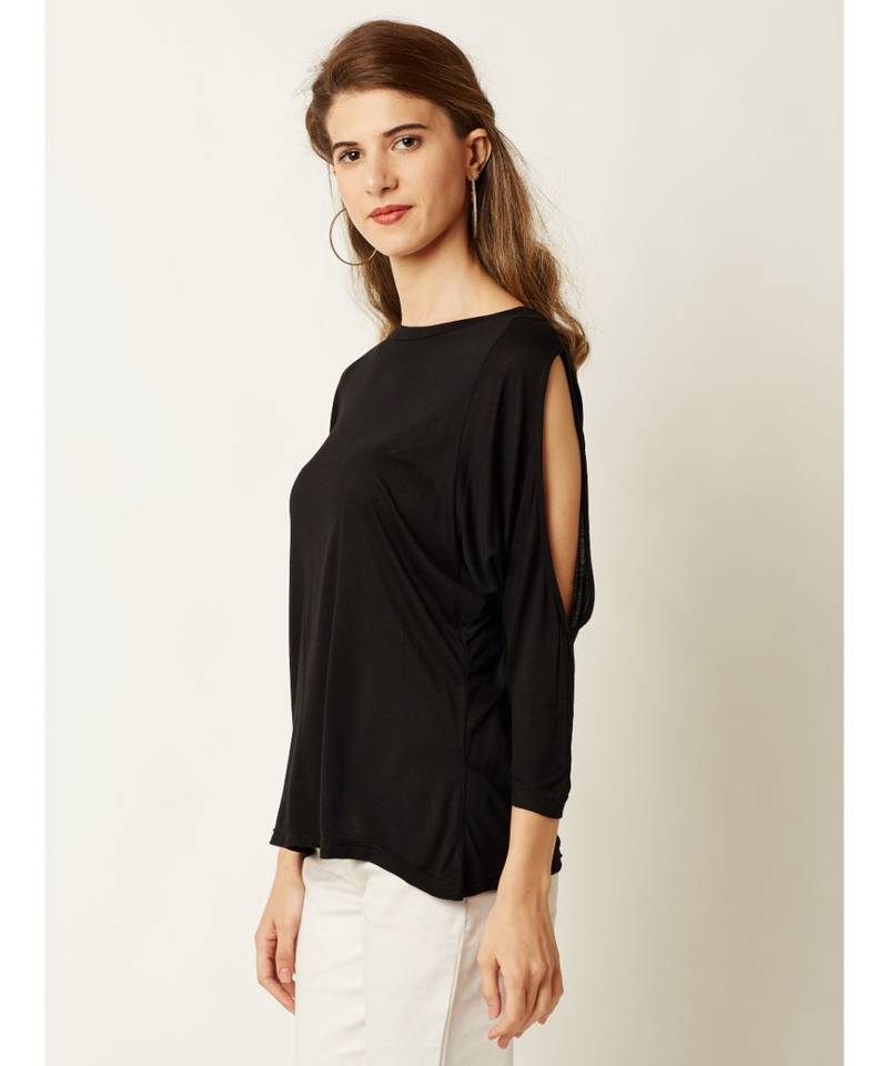 Women's Black Round Neck quarter_sleeve Solid Cut Out Top