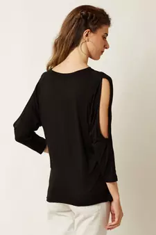 Women's Black Round Neck quarter_sleeve Solid Cut Out Top