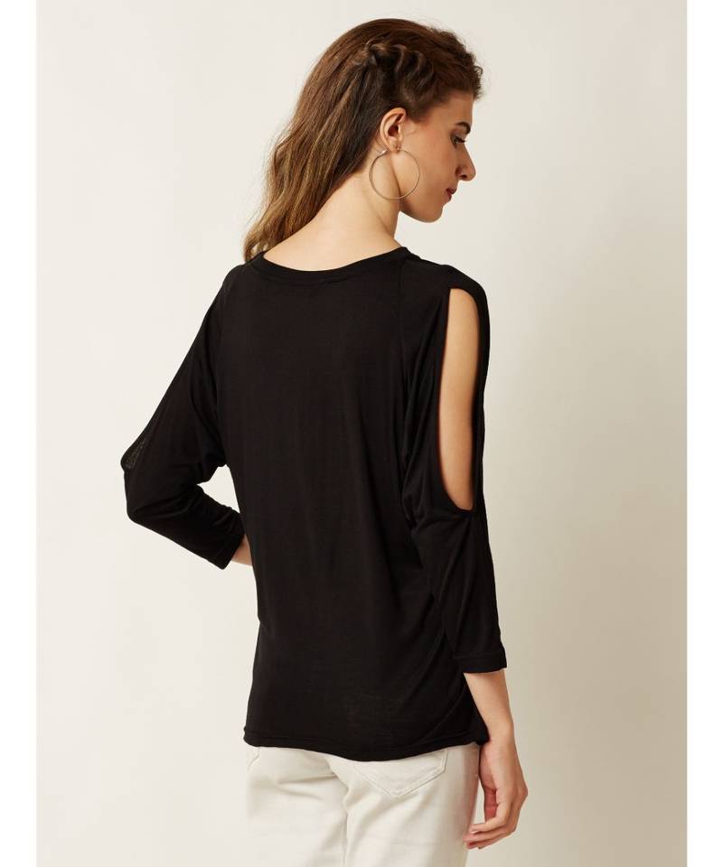 Women's Black Round Neck quarter_sleeve Solid Cut Out Top