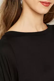 Women's Black Round Neck quarter_sleeve Solid Cut Out Top