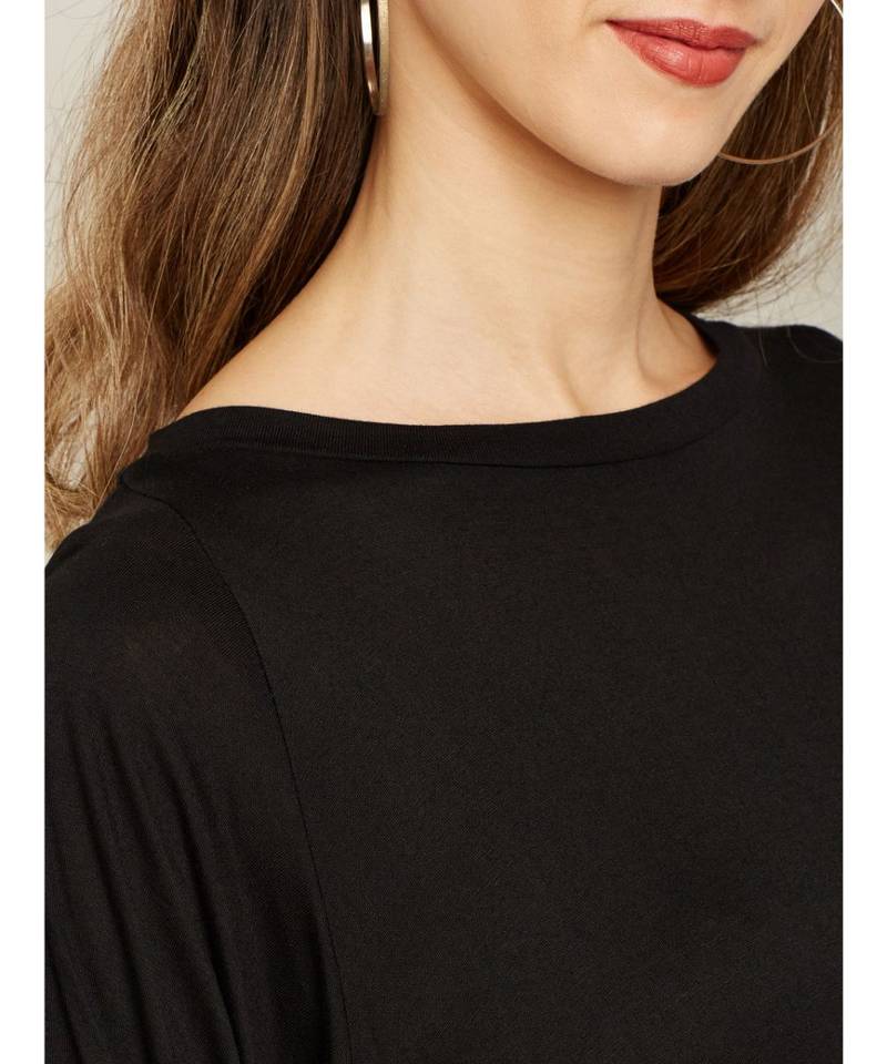 Women's Black Round Neck quarter_sleeve Solid Cut Out Top