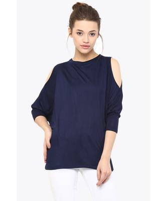 Women's blue Round Neck quarter_sleeves Solid Shoulder Cut-Out Top 1