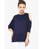 Women's blue Round Neck quarter_sleeves Solid Shoulder Cut-Out Top