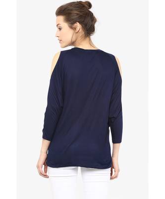 Women's blue Round Neck quarter_sleeves Solid Shoulder Cut-Out Top 2