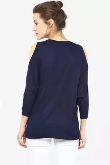Women's blue Round Neck quarter_sleeves Solid Shoulder Cut-Out Top