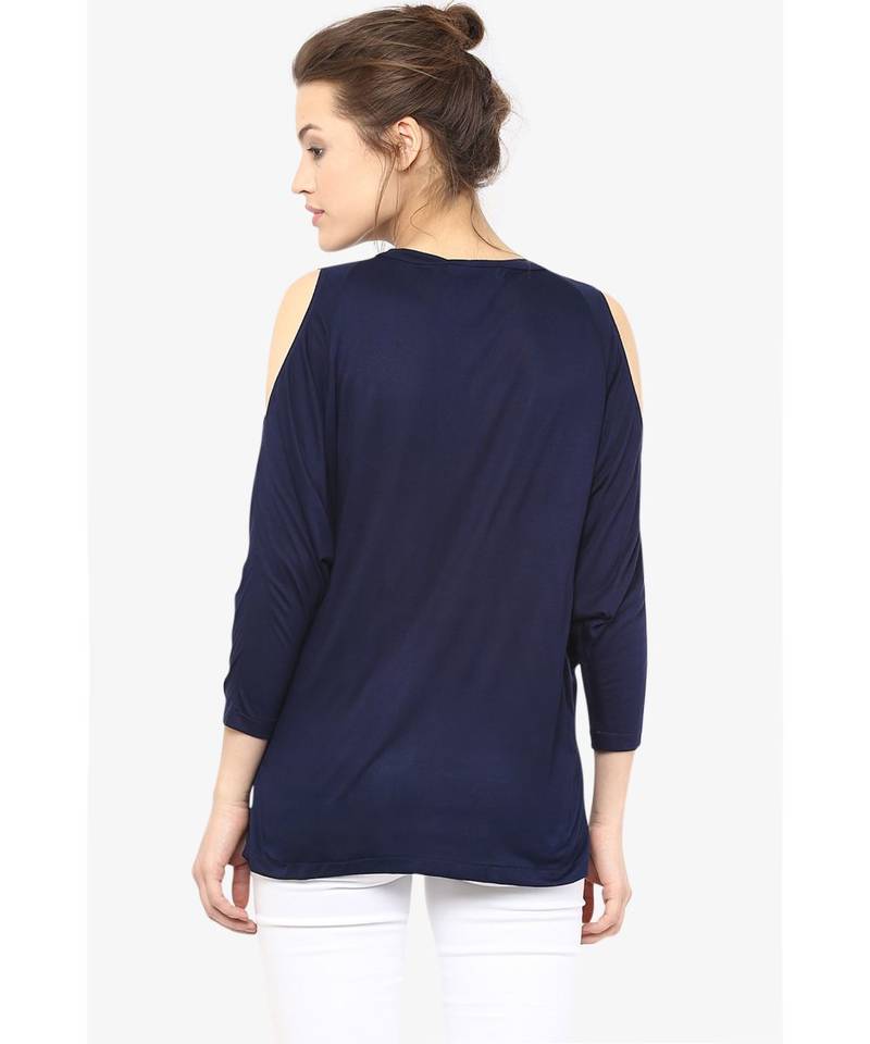 Women's blue Round Neck quarter_sleeves Solid Shoulder Cut-Out Top