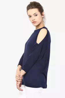 Women's blue Round Neck quarter_sleeves Solid Shoulder Cut-Out Top