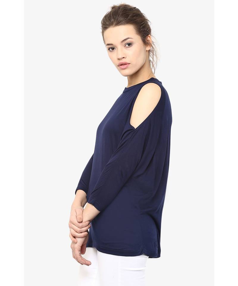 Women's blue Round Neck quarter_sleeves Solid Shoulder Cut-Out Top