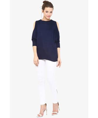 Women's blue Round Neck quarter_sleeves Solid Shoulder Cut-Out Top 4