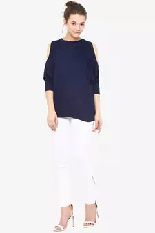 Women's blue Round Neck quarter_sleeves Solid Shoulder Cut-Out Top