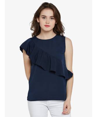 Women's blue Round Neck sleeveless Solid Ruffled Top 1