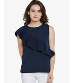 Women's blue Round Neck sleeveless Solid Ruffled Top
